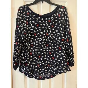 Mauve Bird Patterned Top Women 12 Blue Lightweight Sheer Business Academia Twee